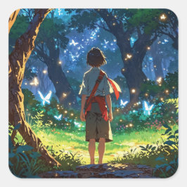 Boy in magical forest vierkante sticker