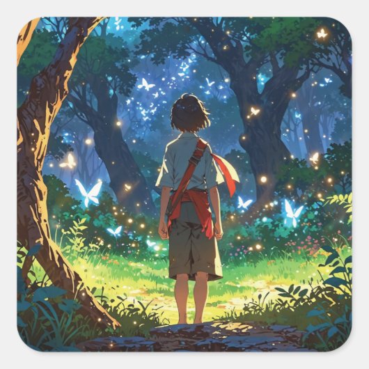 Boy in magical forest vierkante sticker (Voorkant)