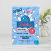 Boy Kind Bowling Verjaardagsfeestje Retro Blauw & Kaart (Staand voorkant)