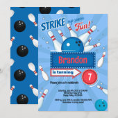 Boy Kind Bowling Verjaardagsfeestje Retro Blauw & Kaart (Voorkant / Achterkant)