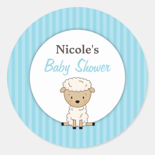 Boy Lamb Baby shower Blauwe Streep Ronde Sticker (Voorkant)