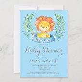 Boy Lion Baby shower Invitation Blue en Grey Kaart (Voorkant)