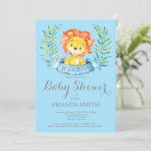 Boy Lion Baby shower Invitation Blue en Grey Kaart (Staand voorkant)
