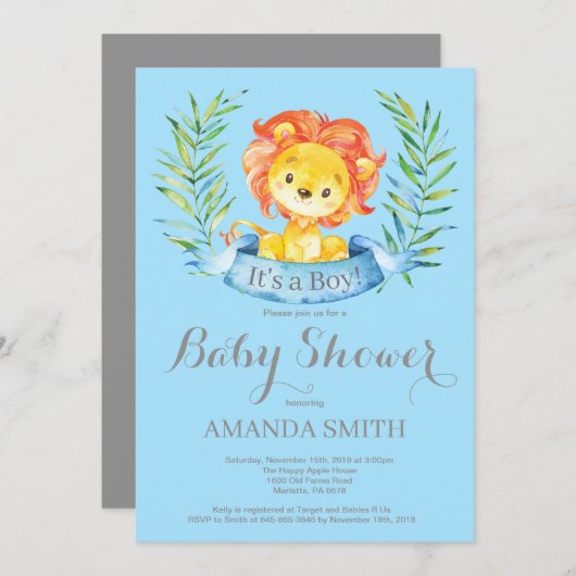 Boy Lion Baby shower Invitation Blue en Grey Kaart (Voorkant / Achterkant)