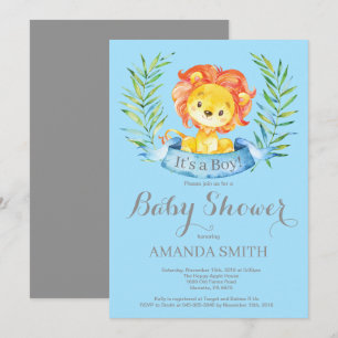 Boy Lion Baby shower Invitation Blue en Grey Kaart