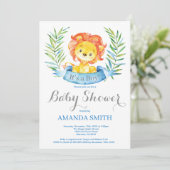 Boy Lion Baby shower Invitation Blue en Grey Kaart (Staand voorkant)