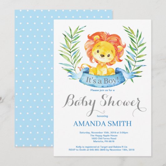Boy Lion Baby shower Invitation Blue en Grey Kaart (Voorkant / Achterkant)
