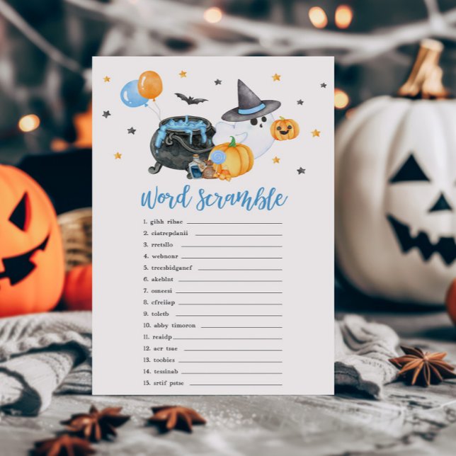 Boy Little Boo Ghost Word Scramble spel (Ghost Halloween Baby Shower Word Scramble Game)