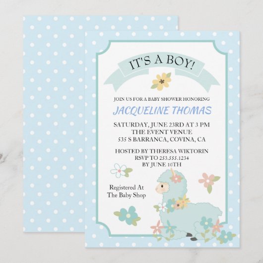 Boy Llama Baby shower Uitnodiging (Voorkant / Achterkant)