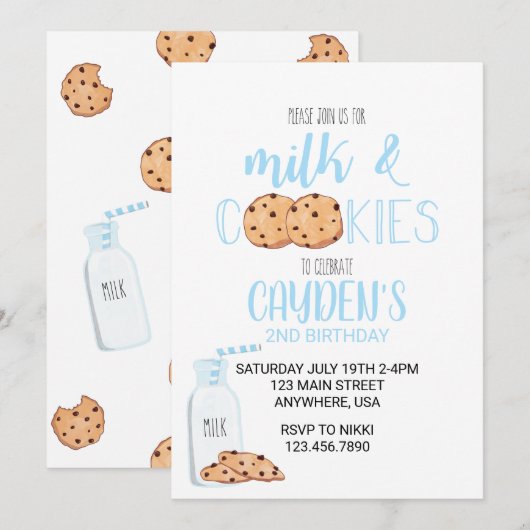 Boy Milk and Cookies Blue Birthday Invitation Kaart (Voorkant / Achterkant)