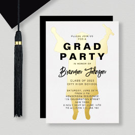 Boy Modern Black Gold Graduation Party Folie Uitnodiging