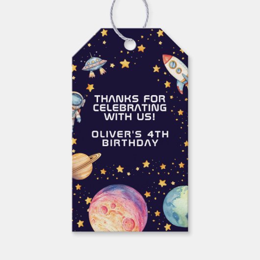 Boy Modern Space Rocket Ship Verjaardagsfeest Favo Cadeaulabel (Voorkant)