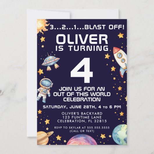 Boy Modern Space Rocket Ship Verjaardagsfeestje Kaart (Voorkant)