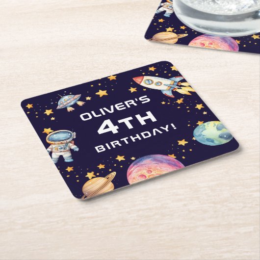 Boy Modern Space Rocket Ship Verjaardagsfeestje Kartonnen Onderzetters (Schuin)