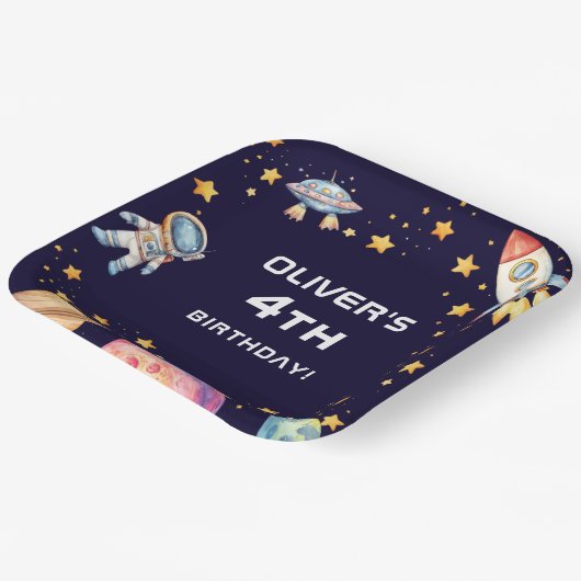 Boy Modern Space Rocket Ship Verjaardagsfeestje Papieren Bordje (Gebogen)