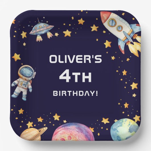Boy Modern Space Rocket Ship Verjaardagsfeestje Papieren Bordje (Voorkant)