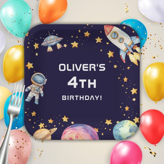 Boy Modern Space Rocket Ship Verjaardagsfeestje Papieren Bordje