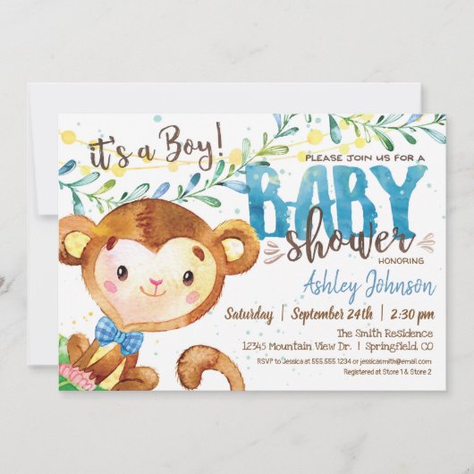 Boy Monkey Baby shower uitnodiging (Voorkant)