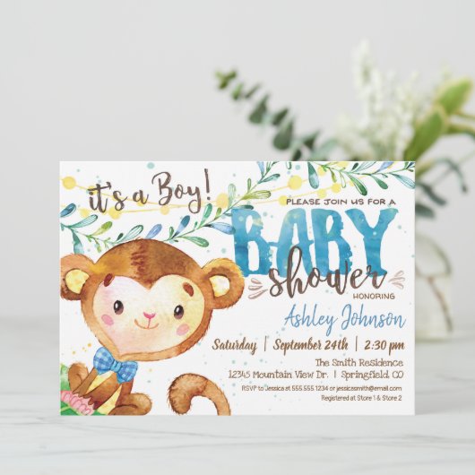 Boy Monkey Baby shower uitnodiging (Staand voorkant)