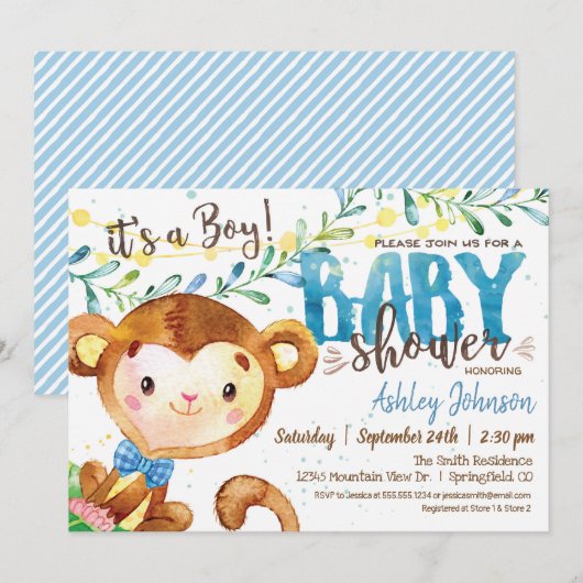 Boy Monkey Baby shower uitnodiging (Voorkant / Achterkant)