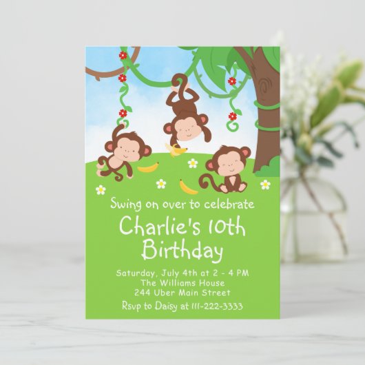 Boy Monkeys Birthday Party Invitation Kaart (Staand voorkant)