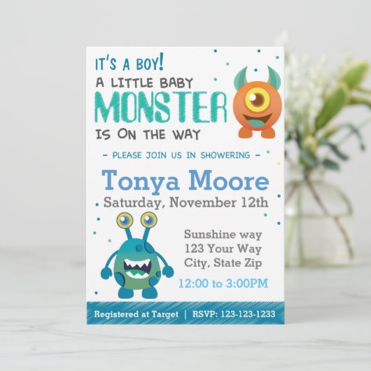 Boy Monster Baby shower Uitnodiging (Staand voorkant)