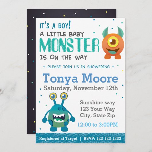 Boy Monster Baby shower Uitnodiging (Voorkant / Achterkant)