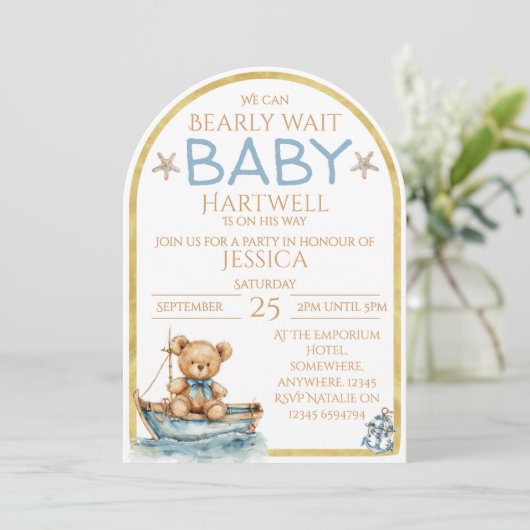 Boy Nautical Bear In A Boat Baby Shower Invitation Kaart (Staand voorkant)