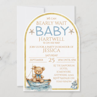 Boy Nautical Bear In A Boat Baby Shower Invitation Kaart