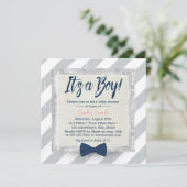 Boy Navy Blue Bow Stropdas Grey Stripes Baby showe Kaart (Staand voorkant)