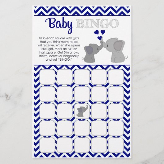 Boy Navy Elephant Baby shower BINGO Game Chev 366 Flyer (Voorkant)