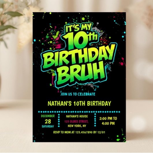 Boy Neon 10th Birthday Invitation Graffiti Style Kaart