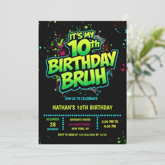 Boy Neon 10th Birthday Invitation Graffiti Style Kaart (Staand voorkant)