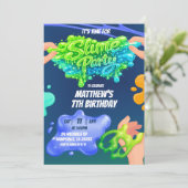 Boy Neon Blue Green Slime Birthday Invitation Kaart (Staand voorkant)