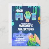 Boy Neon Blue Green Slime High Five Invitation Kaart (Voorkant)