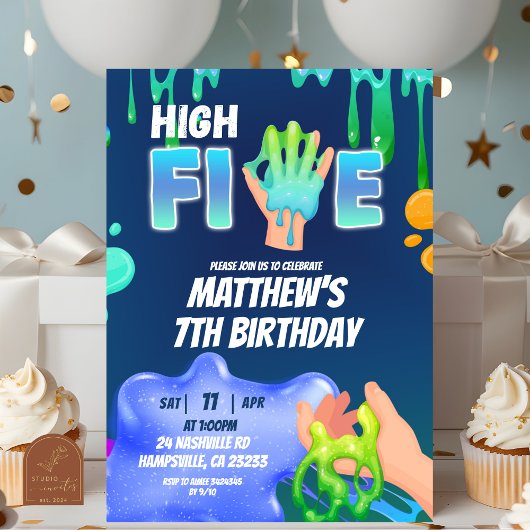 Boy Neon Blue Green Slime High Five Invitation Kaart