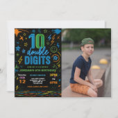 Boy Neon Dubbele Cijfers 10e Verjaardag Party Foto Kaart (Voorkant)
