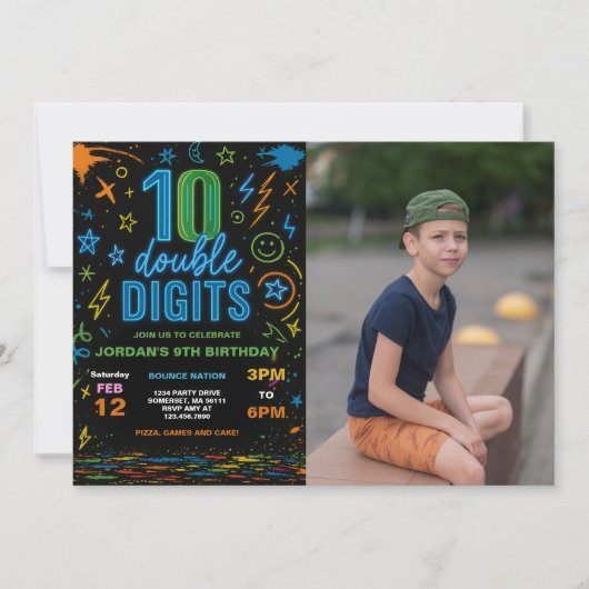 Boy Neon Dubbele Cijfers 10e Verjaardag Party Foto Kaart (Voorkant)
