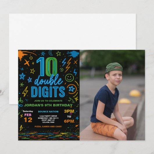 Boy Neon Dubbele Cijfers 10e Verjaardag Party Foto Kaart (Voorkant / Achterkant)