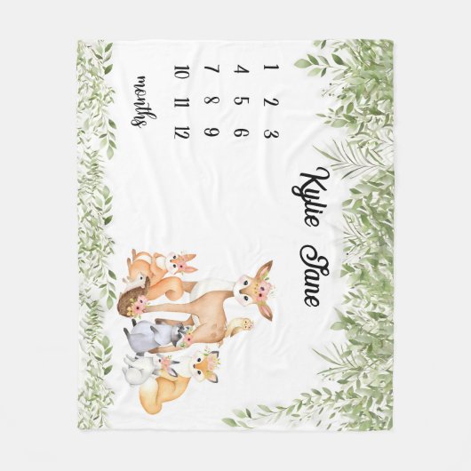 Boy Oerwoud Animals Gepersonaliseerd maandelijks B Fleece Deken (Voorkant)