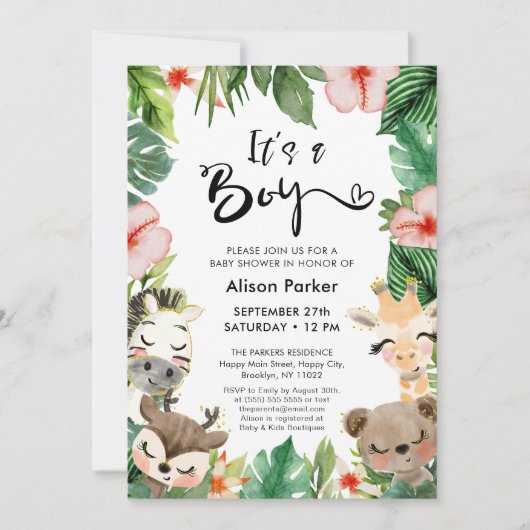 Boy Oerwoud Safari Tropisch groen Baby shower Kaart (Voorkant)