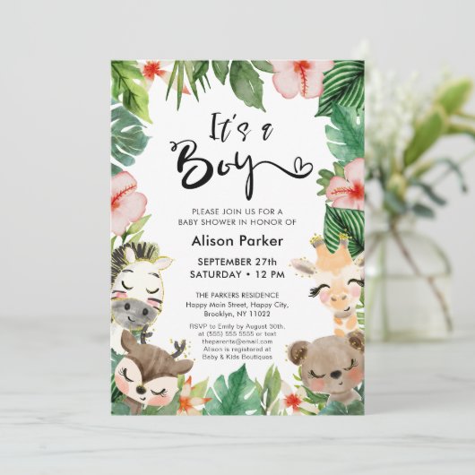 Boy Oerwoud Safari Tropisch groen Baby shower Kaart (Staand voorkant)