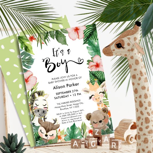 Boy Oerwoud Safari Tropisch groen Baby shower Kaart