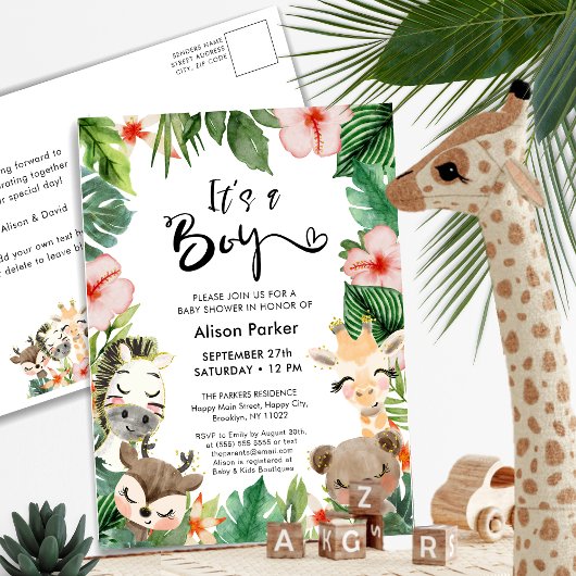 Boy Oerwoud Safari Tropisch groen Baby shower Uitnodiging Briefkaart