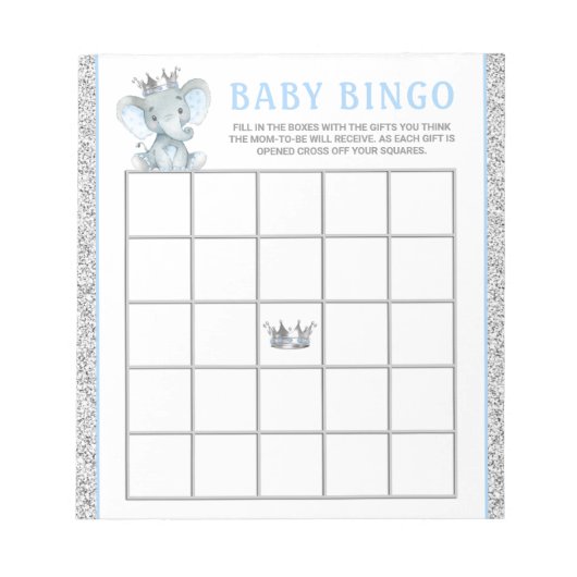Boy Olifant Baby shower Bingo spel Kaarten Notitieblok (Voorkant)