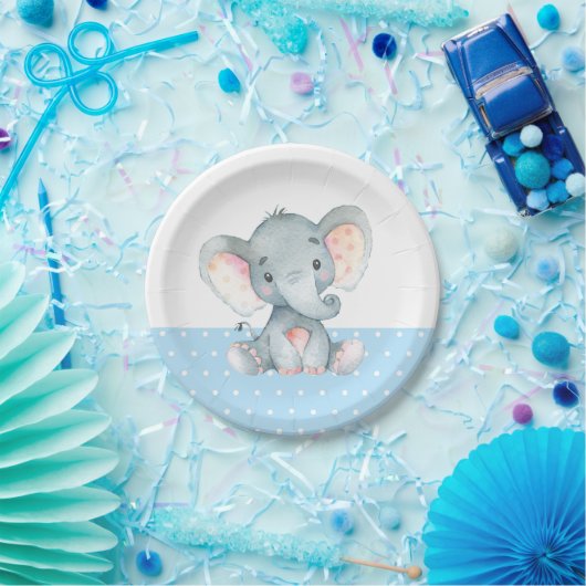 Boy Olifant Baby shower Blauw Papier Bord (Feest)
