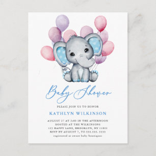Boy olifant blauw ballon script schattig Baby show Uitnodiging Briefkaart