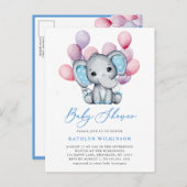 Boy olifant blauw ballon script schattig Baby show Uitnodiging Briefkaart (Voorkant / Achterkant)