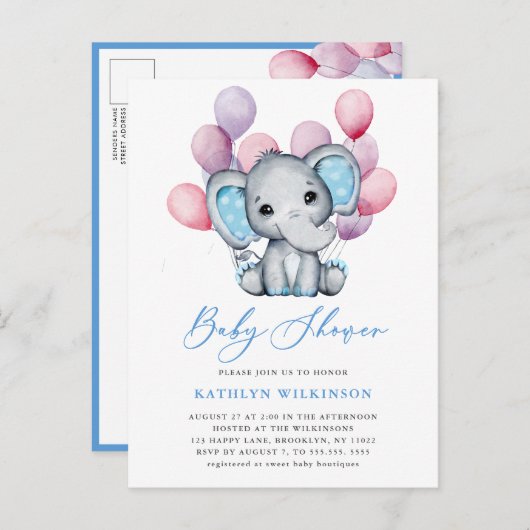 Boy olifant blauw ballon script schattig Baby show Uitnodiging Briefkaart (Voorkant / Achterkant)