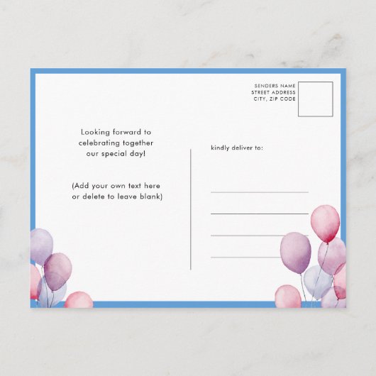 Boy olifant blauw ballon script schattig Baby show Uitnodiging Briefkaart (Achterkant)